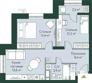 2-к квартира, вторичка, 55м2, 6/24 этаж