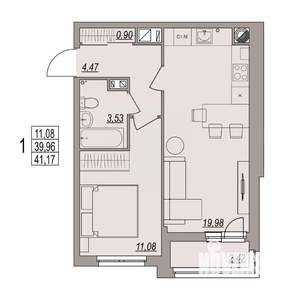 1-к квартира, вторичка, 41м2, 2/6 этаж