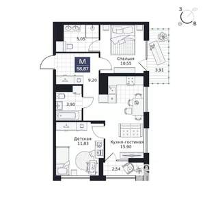 2-к квартира, вторичка, 59м2, 6/9 этаж