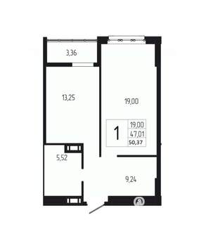 1-к квартира, вторичка, 50м2, 6/18 этаж