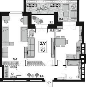 2-к квартира, вторичка, 61м2, 1/7 этаж