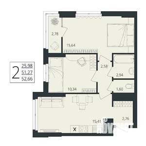 2-к квартира, вторичка, 53м2, 3/17 этаж