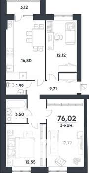 3-к квартира, строящийся дом, 76м2, 1/4 этаж