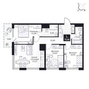 3-к квартира, вторичка, 72м2, 5/9 этаж