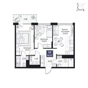 2-к квартира, вторичка, 60м2, 2/9 этаж