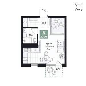 Студия квартира, вторичка, 30м2, 6/9 этаж