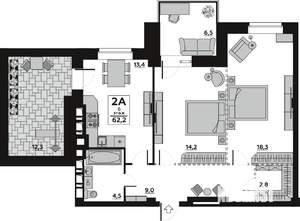 1-к квартира, вторичка, 62м2, 6/7 этаж