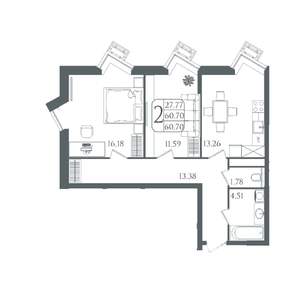 2-к квартира, вторичка, 61м2, 3/21 этаж