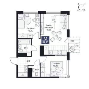 2-к квартира, вторичка, 55м2, 6/9 этаж