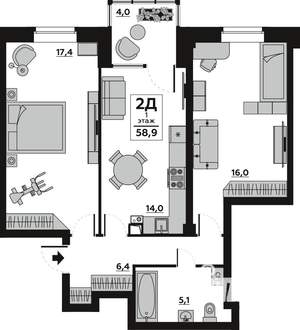 2-к квартира, вторичка, 59м2, 1/6 этаж