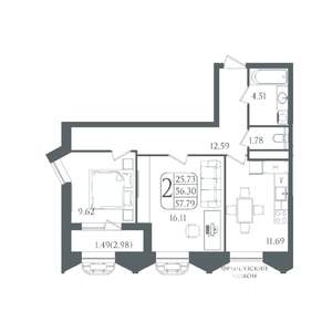 2-к квартира, вторичка, 58м2, 20/22 этаж