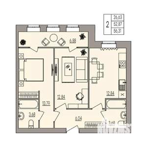 2-к квартира, вторичка, 56м2, 3/3 этаж