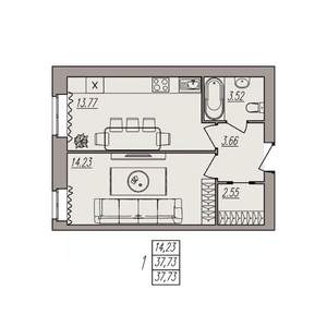 1-к квартира, вторичка, 38м2, 2/3 этаж