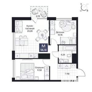 2-к квартира, вторичка, 56м2, 2/9 этаж