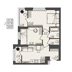 2-к квартира, вторичка, 51м2, 6/17 этаж