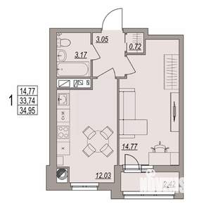 1-к квартира, вторичка, 35м2, 5/6 этаж