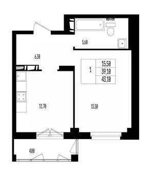 Студия квартира, вторичка, 43м2, 1/17 этаж