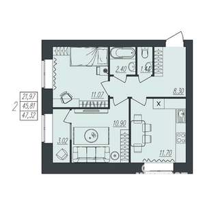 2-к квартира, вторичка, 47м2, 9/10 этаж