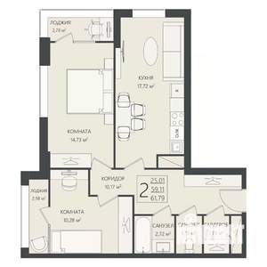 2-к квартира, вторичка, 62м2, 2/17 этаж
