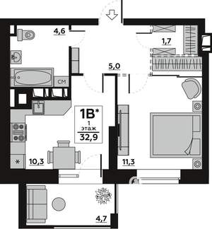 1-к квартира, строящийся дом, 33м2, 1/7 этаж