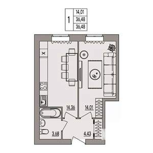 1-к квартира, вторичка, 36м2, 2/3 этаж