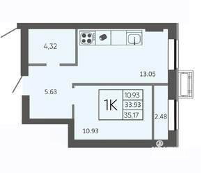 1-к квартира, строящийся дом, 35м2, 2/4 этаж