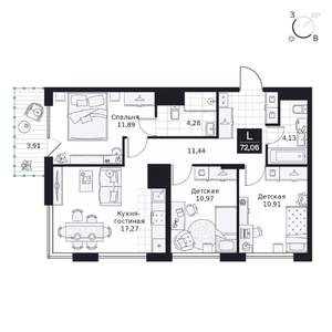 3-к квартира, вторичка, 72м2, 3/9 этаж