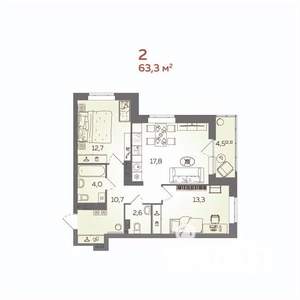 2-к квартира, вторичка, 63м2, 6/21 этаж