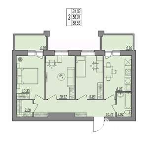 3-к квартира, строящийся дом, 59м2, 7/7 этаж