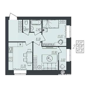 2-к квартира, вторичка, 47м2, 10/10 этаж