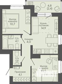 2-к квартира, вторичка, 53м2, 1/19 этаж