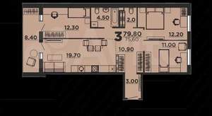 3-к квартира, сданный дом, 79м2, 7/9 этаж