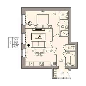 2-к квартира, вторичка, 56м2, 2/3 этаж