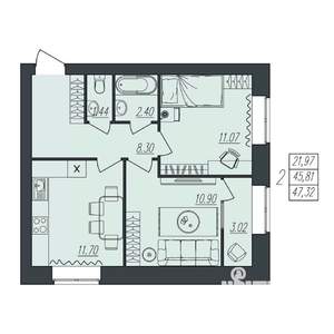 2-к квартира, вторичка, 47м2, 9/10 этаж