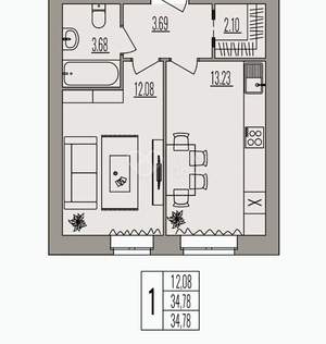 1-к квартира, сданный дом, 35м2, 3/3 этаж