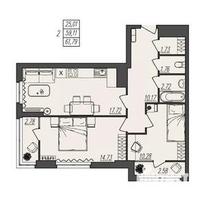 2-к квартира, вторичка, 62м2, 3/17 этаж