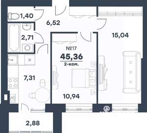 2-к квартира, строящийся дом, 45м2, 4/4 этаж