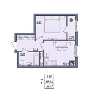 1-к квартира, вторичка, 30м2, 9/10 этаж