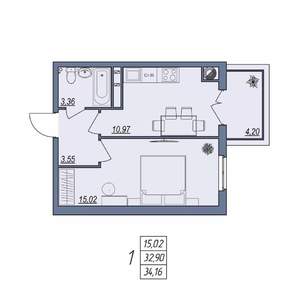 1-к квартира, вторичка, 34м2, 1/8 этаж