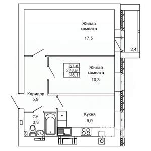 2-к квартира, вторичка, 48м2, 8/9 этаж