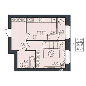 1-к квартира, вторичка, 38м2, 10/10 этаж