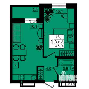 1-к квартира, вторичка, 43м2, 2/16 этаж