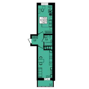 1-к квартира, вторичка, 46м2, 9/16 этаж