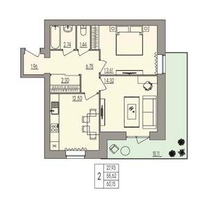 2-к квартира, вторичка, 60м2, 1/3 этаж
