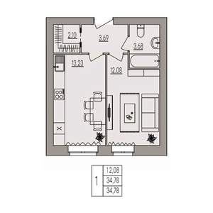 1-к квартира, вторичка, 35м2, 1/3 этаж