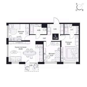 3-к квартира, вторичка, 77м2, 2/10 этаж