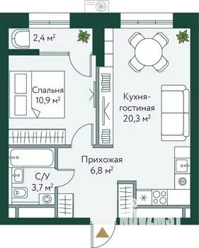 1-к квартира, вторичка, 44м2, 14/24 этаж