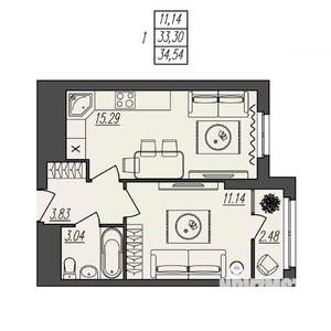 1-к квартира, вторичка, 35м2, 3/17 этаж