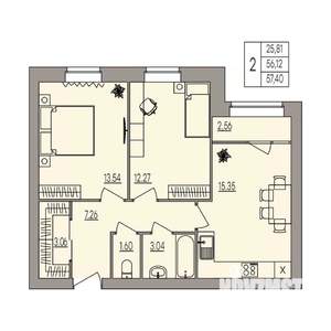 2-к квартира, вторичка, 57м2, 2/3 этаж