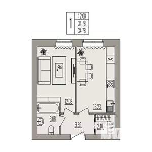 1-к квартира, вторичка, 35м2, 1/3 этаж